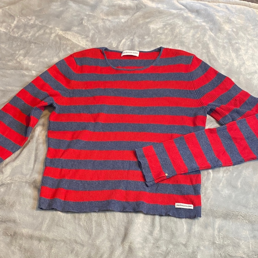 Calvin Klein Jeans Red & Navy Ribbed Striped Top